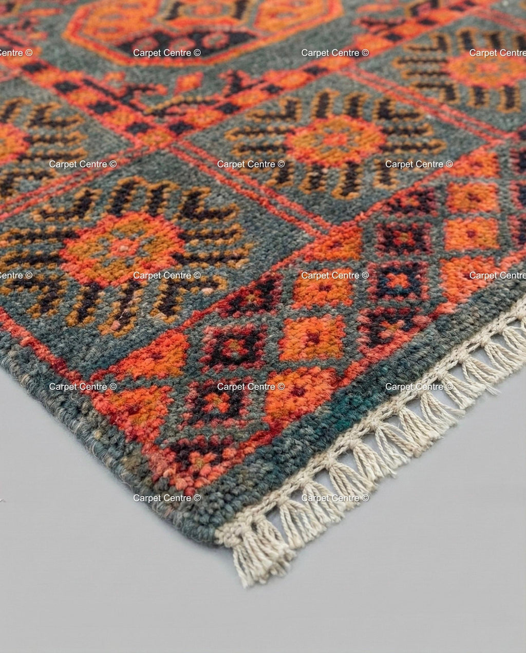 Teal Oushak Rug, Rust Geometric Kazak, Hand Knotted Wool