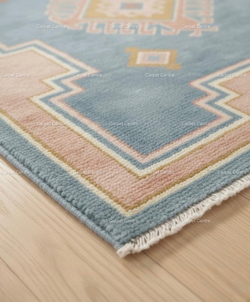 Hand-Knotted Wool Oushak Rug, Light Blue, Blush Pink Border