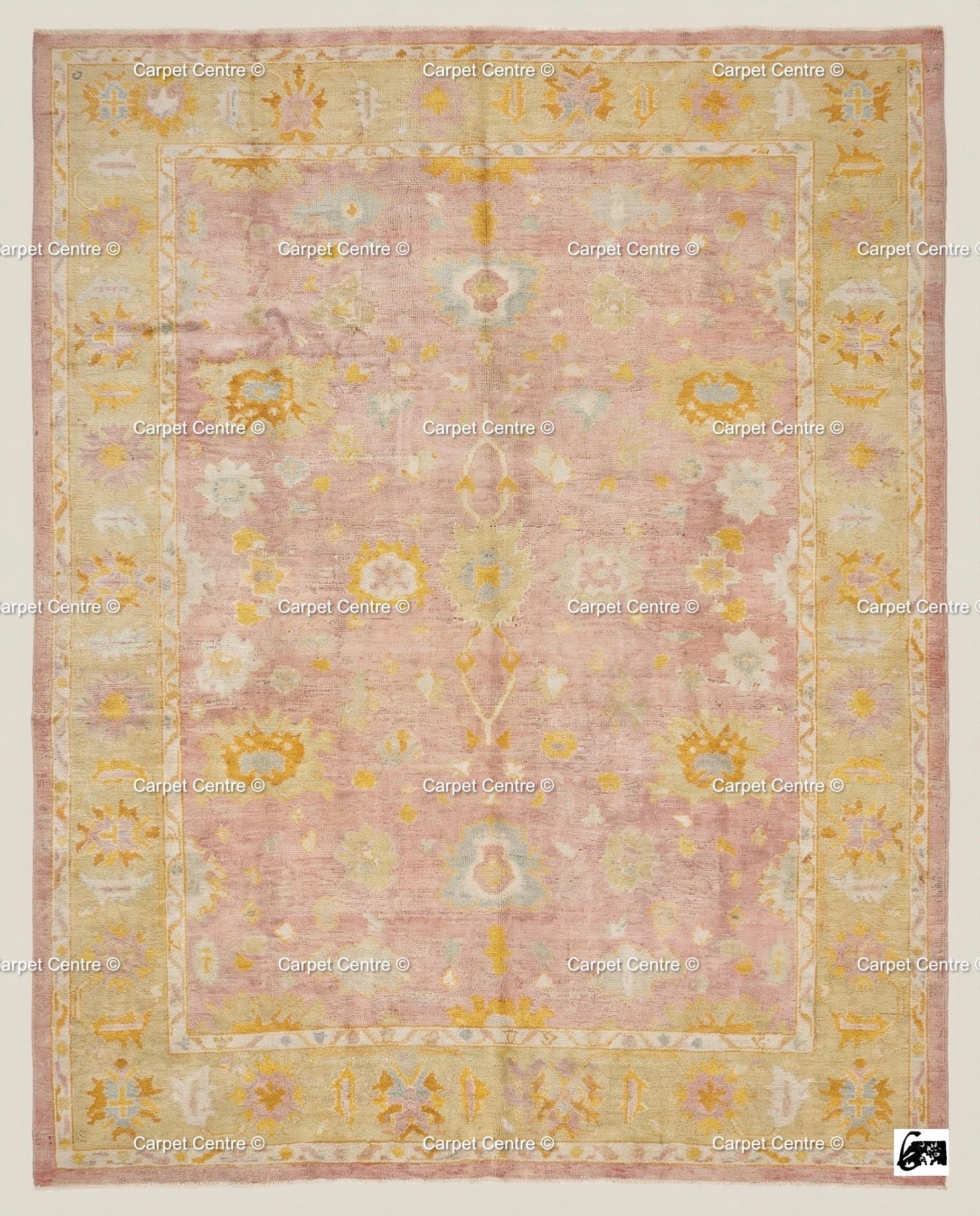 Hand Knotted Wool Oushak Rug, Pink Floral, Vintage Turkish Style