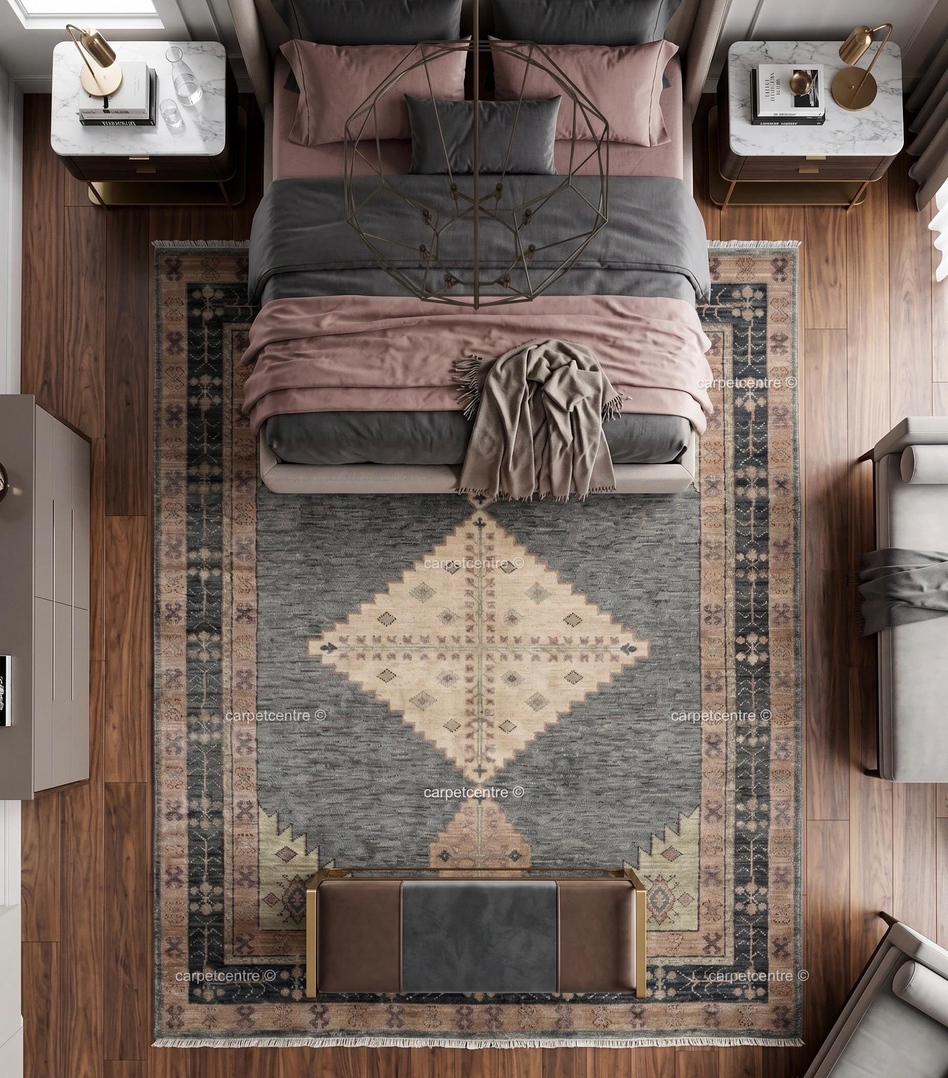 Hand Knotted Oushak Rug: Slate Blue Geometric Wool Area Rug (8x10, 9x12)