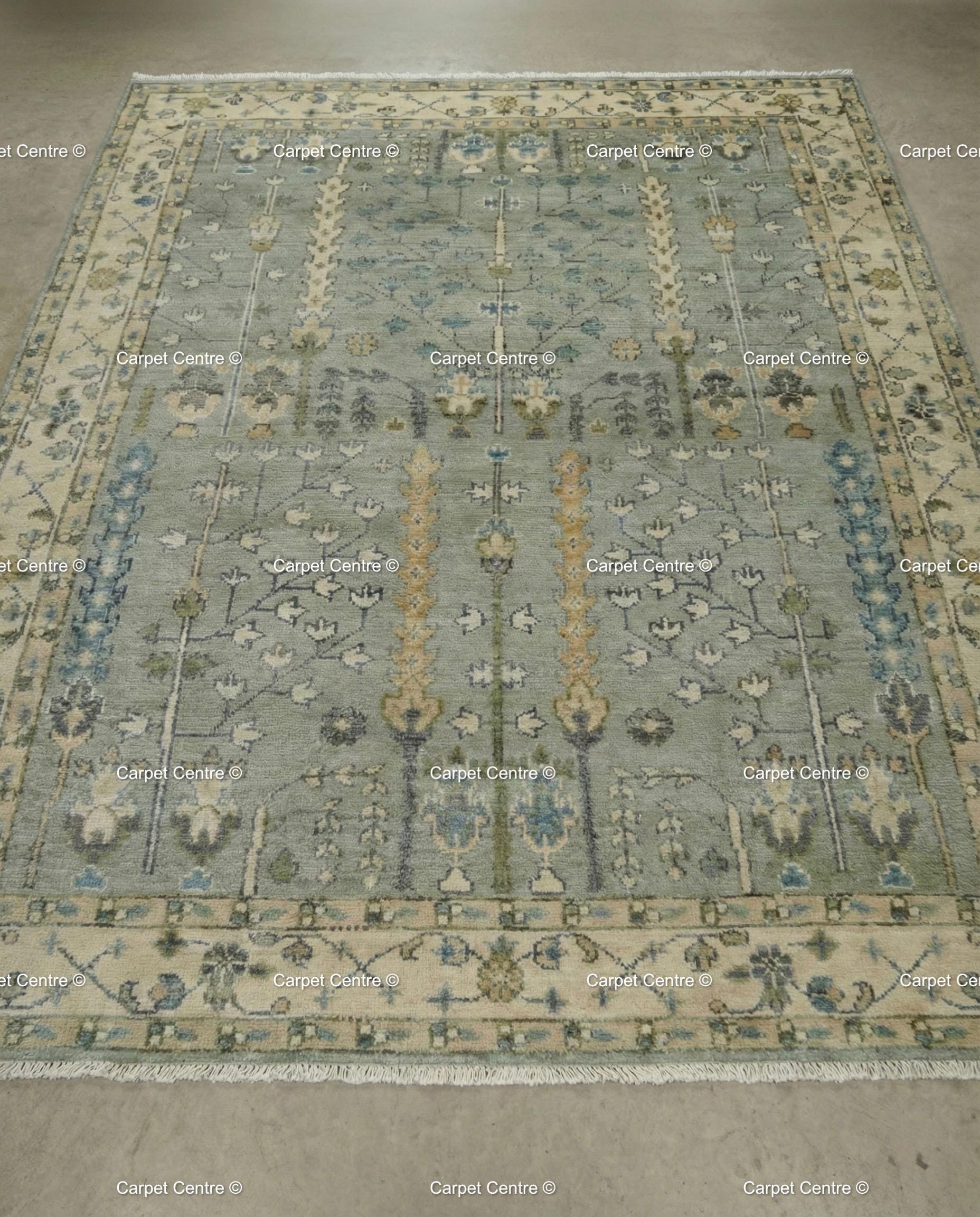 Hand Knotted Wool Oushak Rug, Muted Slate Blue Tree of Life Carpet