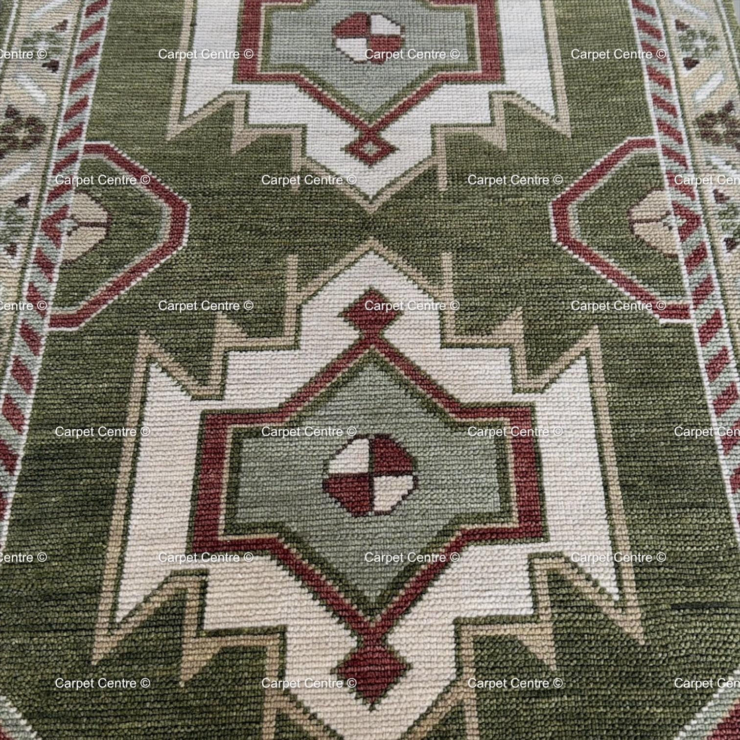 Hand-Knotted Wool Oushak Runner Rug, Olive Green Geometric Design