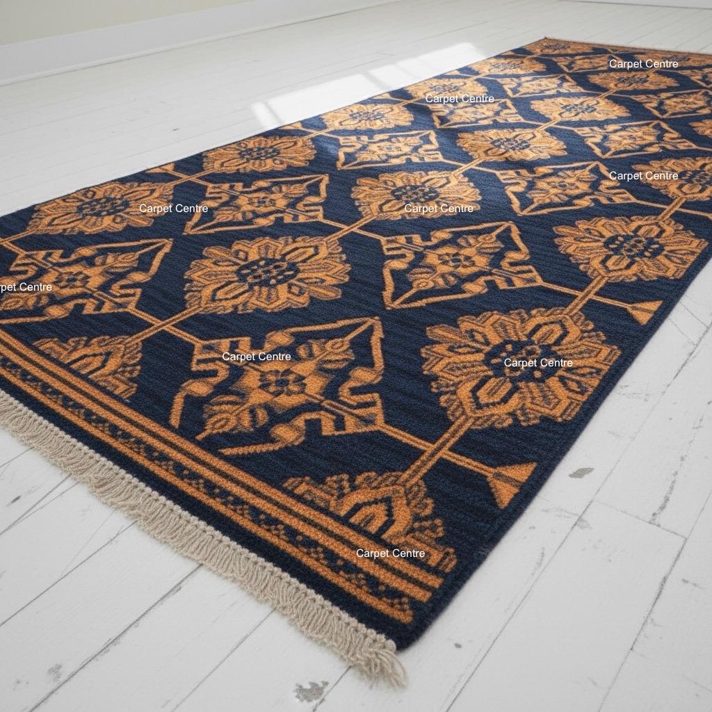 Navy Blue Gold Geometric Hand-Knotted Wool Runner Rug, 2x8 Entryway Hallway Carpet