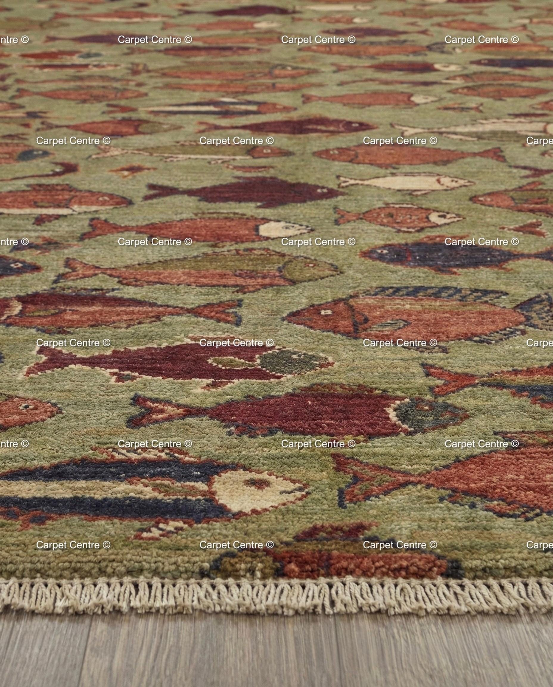 Hand Knotted Wool Fish Rug, Turkish Oushak Style, Lake House Decor