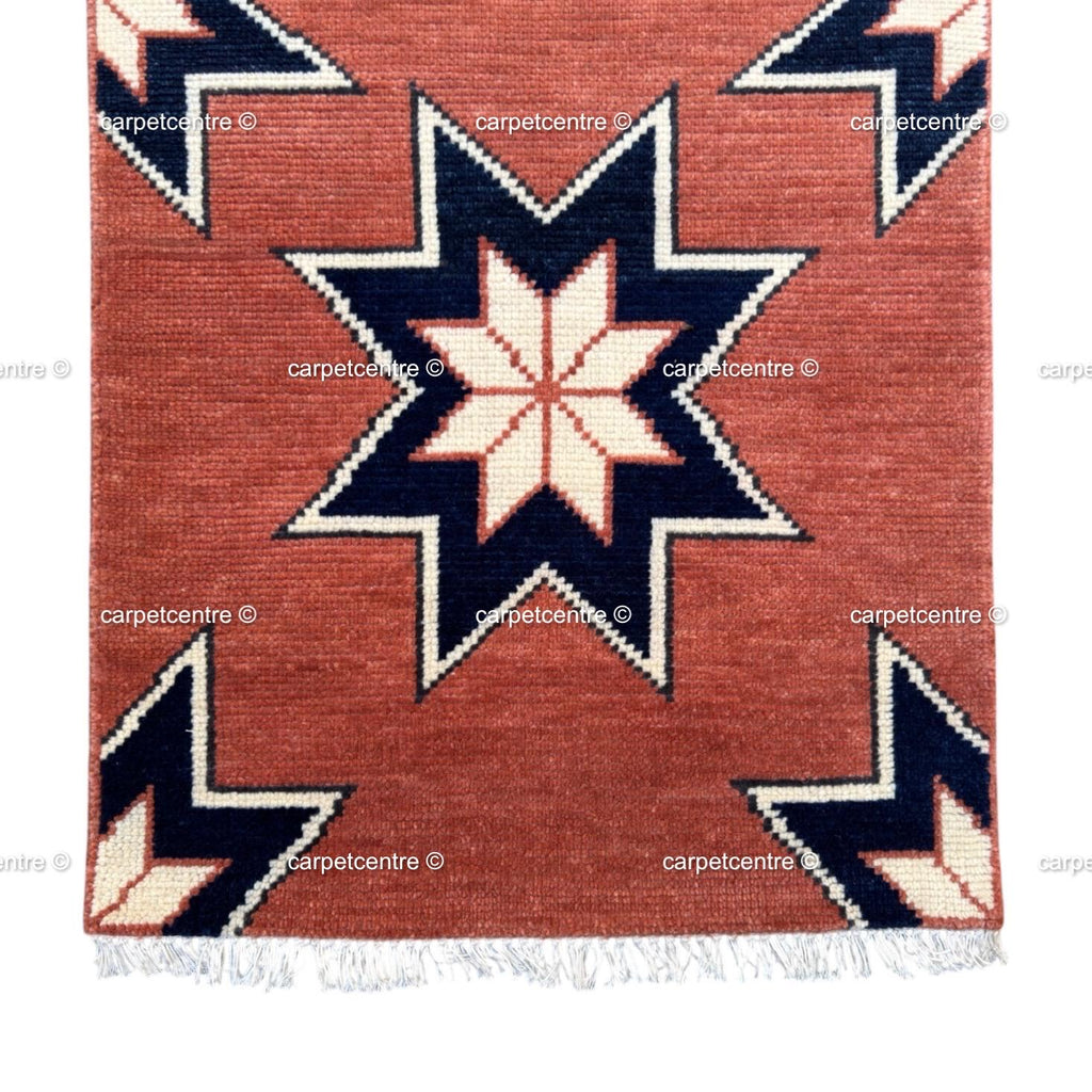 Terracotta Star Oushak Runner Rug | Geometric Navy Boho Hallway Entryway Rug