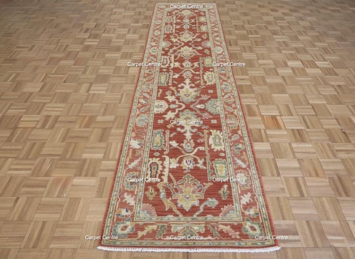Hand-Knotted Terracotta Wool Runner Rug, Oushak Heriz Style, 2x10
