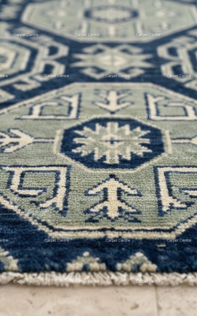 Navy Blue Turkish Oushak Wool Runner Rug, Gray Medallion