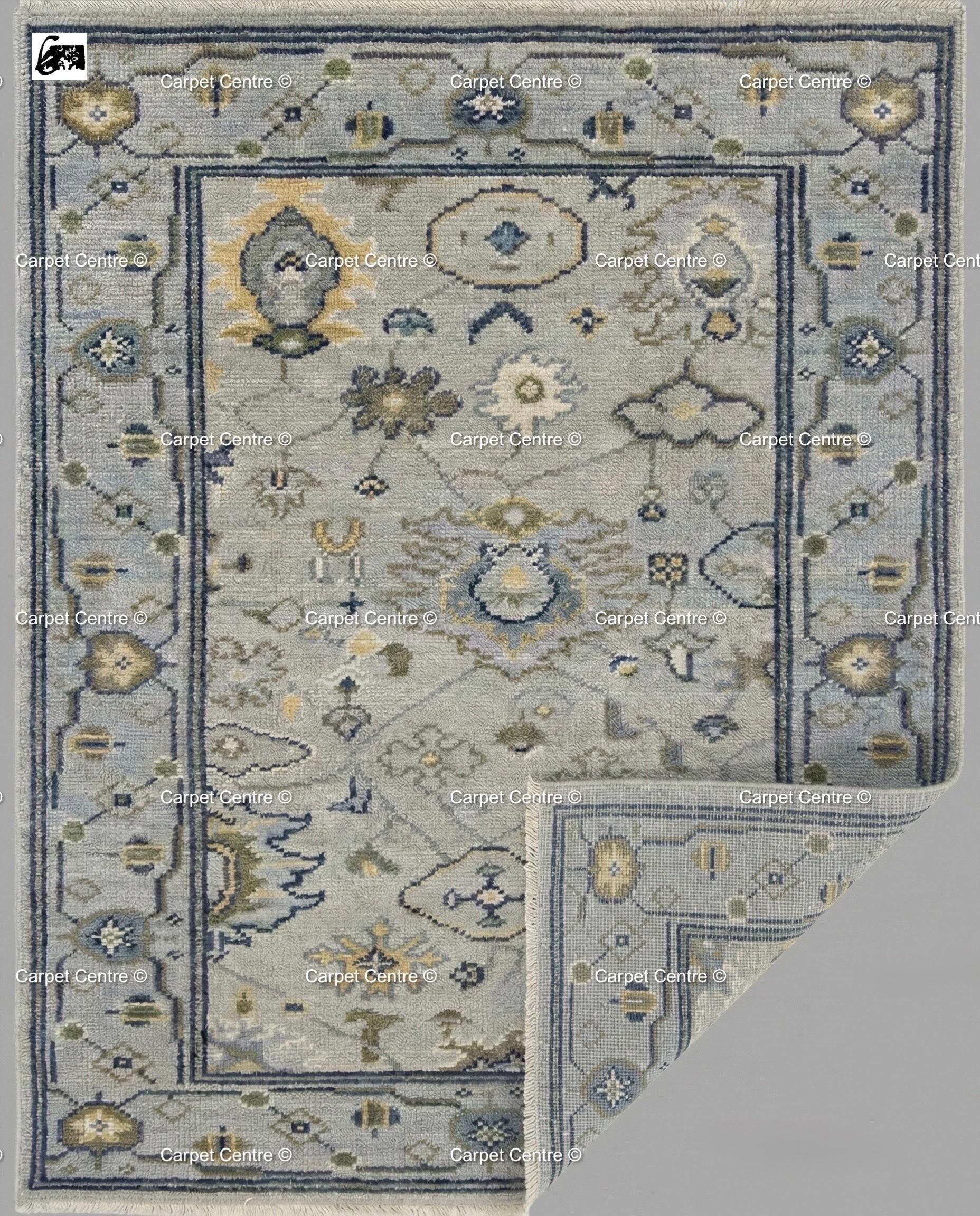 Slate Blue Oushak Rug, Turkish Knot Wool, Vintage Style Medallion
