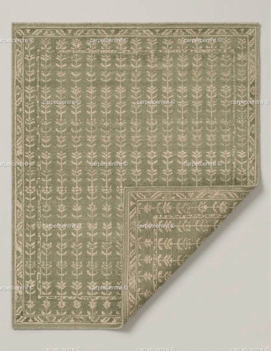 Handmade Sage Green Oushak Wool Rug: Distressed Floral Turkish Area Rug