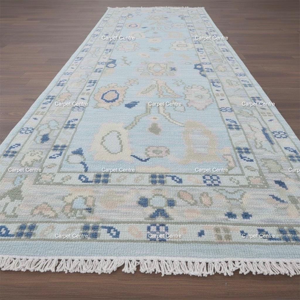Hand-Knotted Oushak Wool Runner Rug: Pale Blue Floral Medallion