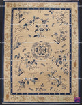 Hand-Knotted Oushak Wool Rug: Blue Beige Chinoiserie Design