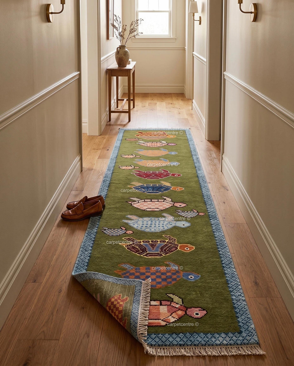 Handmade Wool Turtle Runner Rug – Olive Green Tortoise Design Hallway Carpet