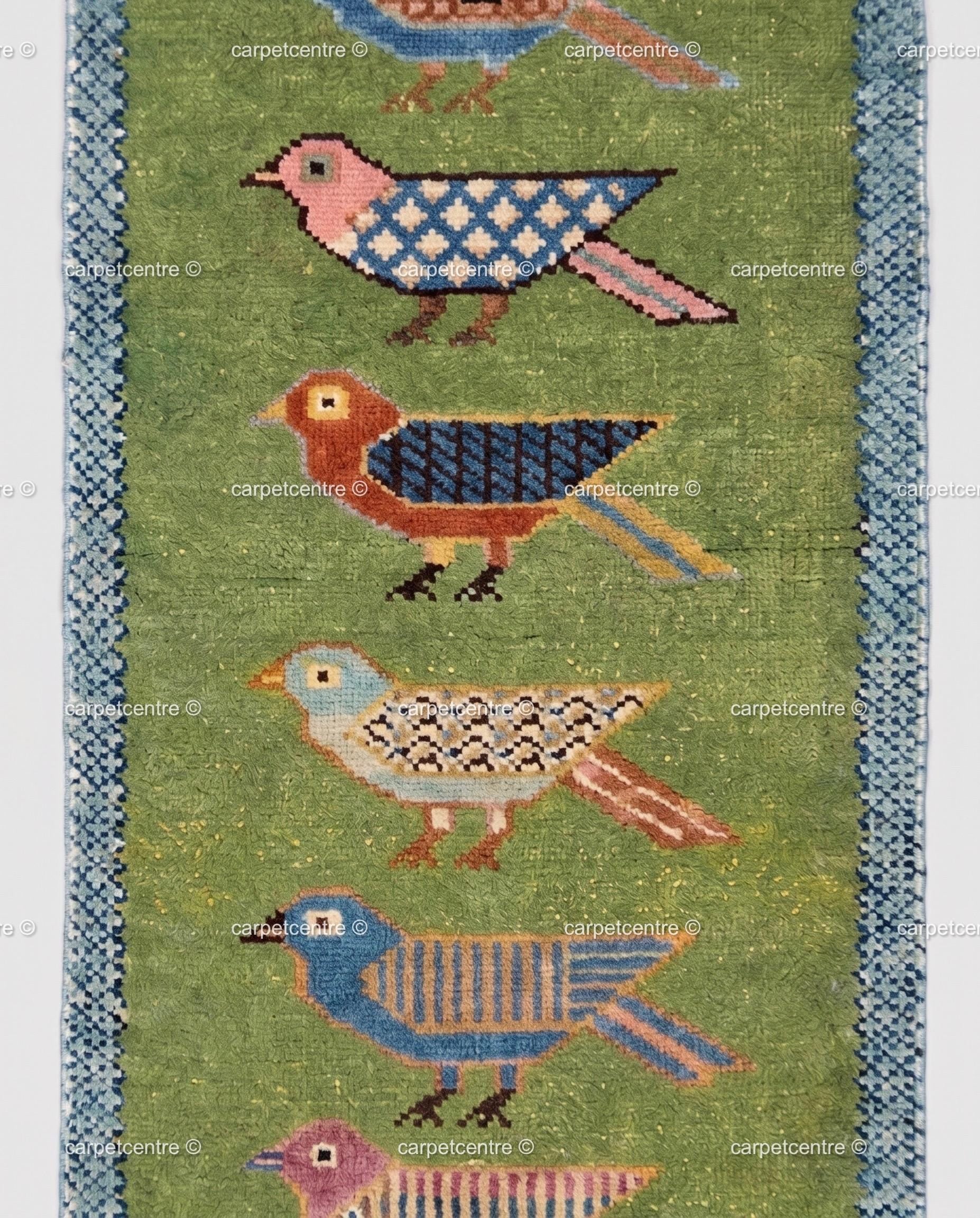 Handmade Wool Runner Rug, Folk Art Bird Design, Olive Green Carpet, Custom Sizes