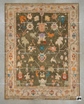 Hand-Knotted Wool Oushak Rug, Moss Green, Tribal Geometric Design