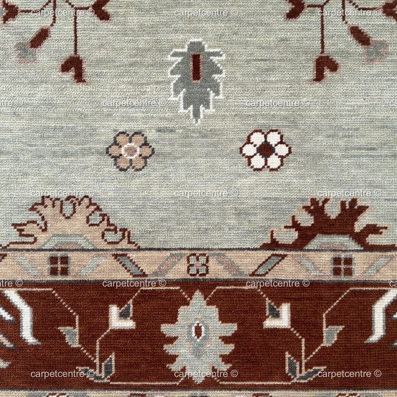 Hand Knotted Wool Oushak Rug, Mint Green Floral Turkish Carpet, Rust Border Area Rug