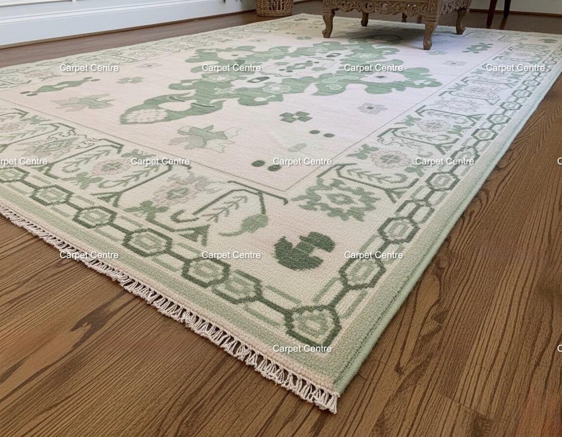 Hand-Knotted Oushak Wool Rug: Sage Green Medallion, Transitional Design