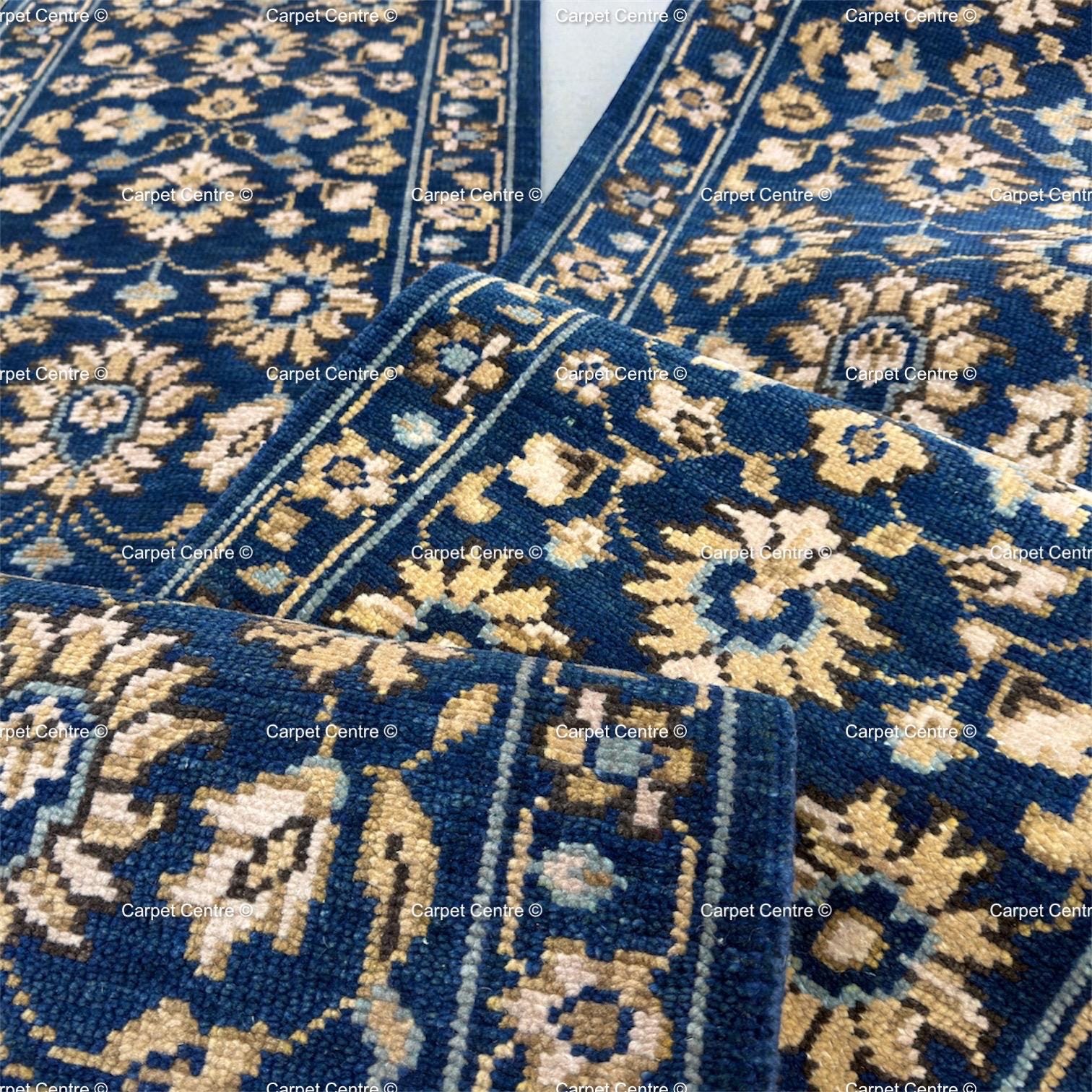 Hand-Knotted Wool Runner Rug | Navy Blue Oushak Floral Hallway Carpet