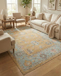 Hand-Knotted Wool Oushak Rug, Yellow Field, Blue Floral Border