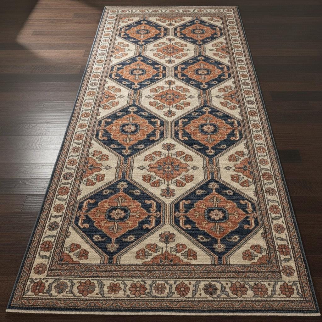 Hand-Knotted Wool Runner Rug, Navy Blue Terracotta Hexagon, Oushak Style