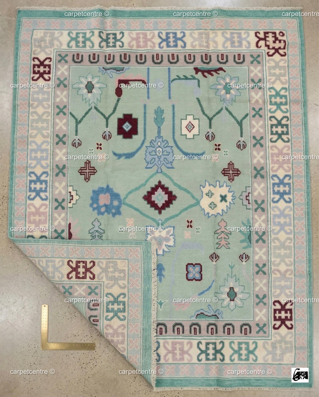 Mint Green Oushak Rug, Seafoam Pastel Turkish Floral Geometric Carpet