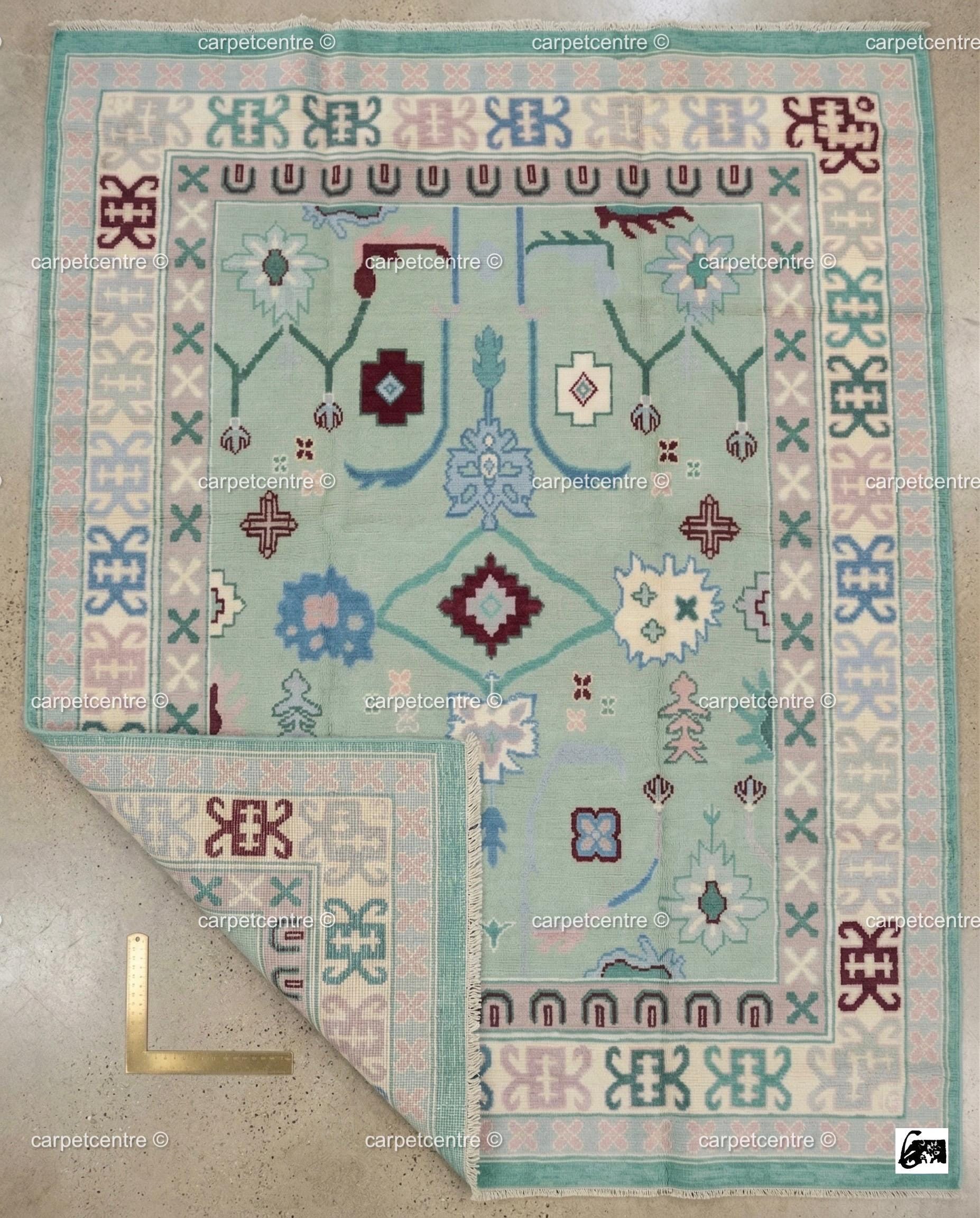 Mint Green Oushak Rug, Seafoam Pastel Turkish Floral Geometric Carpet