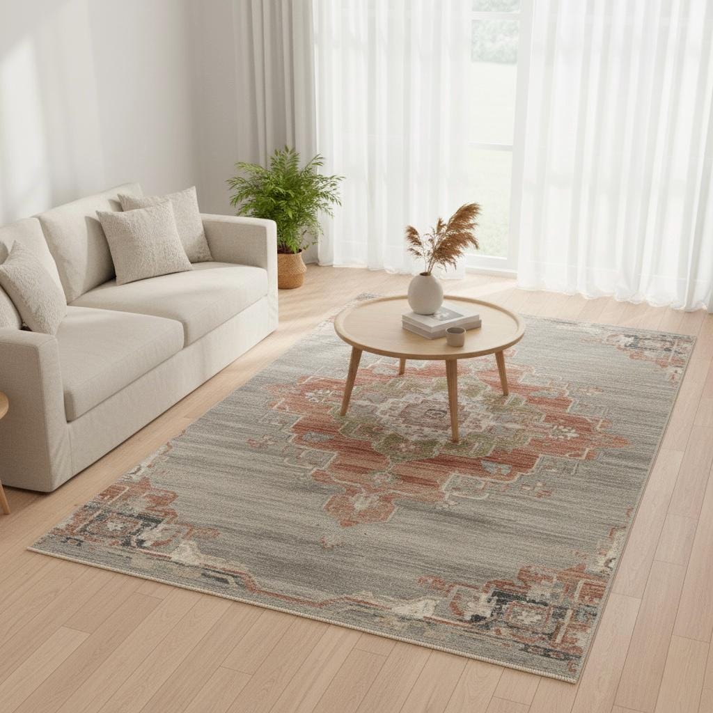 Handwoven Wool Oushak Rug: Gray, Rust Medallion
