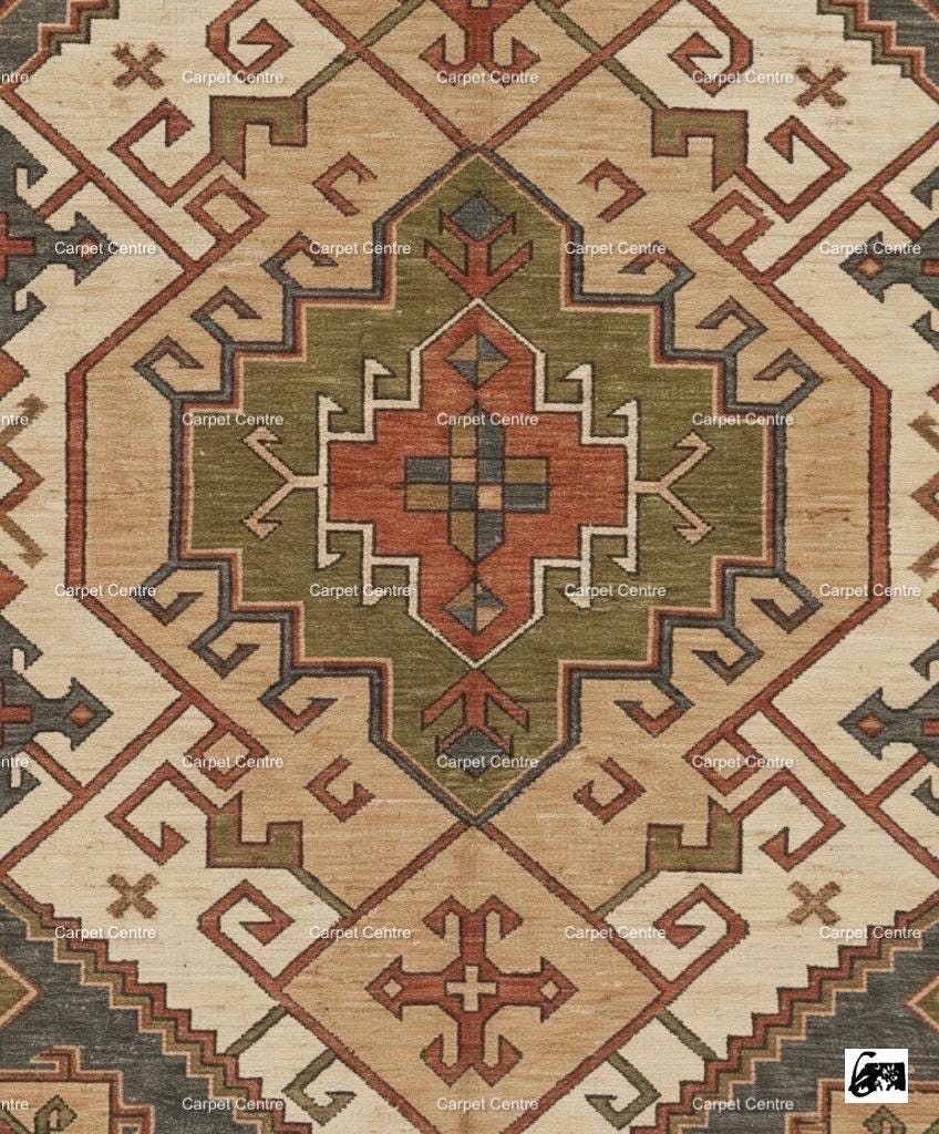 Hand-Knotted Oushak Wool Rug, Rust Terracotta Olive Green, Geometric Tribal Design