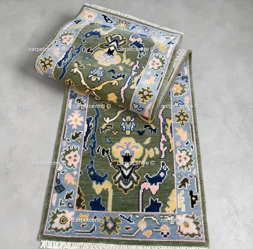 Sage Green Oushak Wool Runner, Floral Hallway Rug, Boho Kitchen Mat