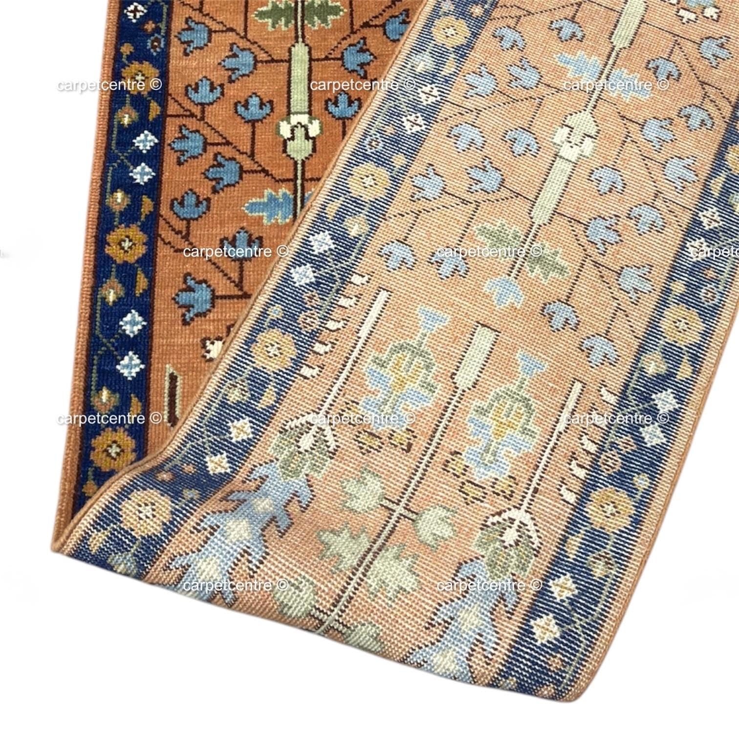Hand-Knotted Wool Oushak Runner, Terracotta Tree of Life, Navy Border Hallway Rug