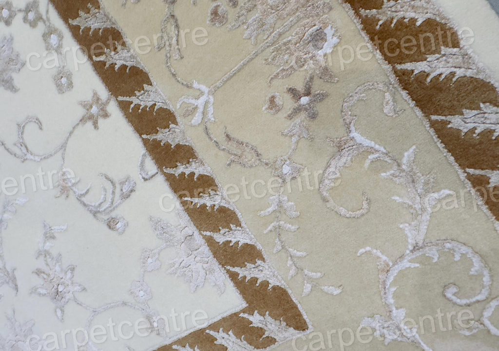 Vintage Beige Floral Wool Rug: Handwoven Indian Art Silk Carpet