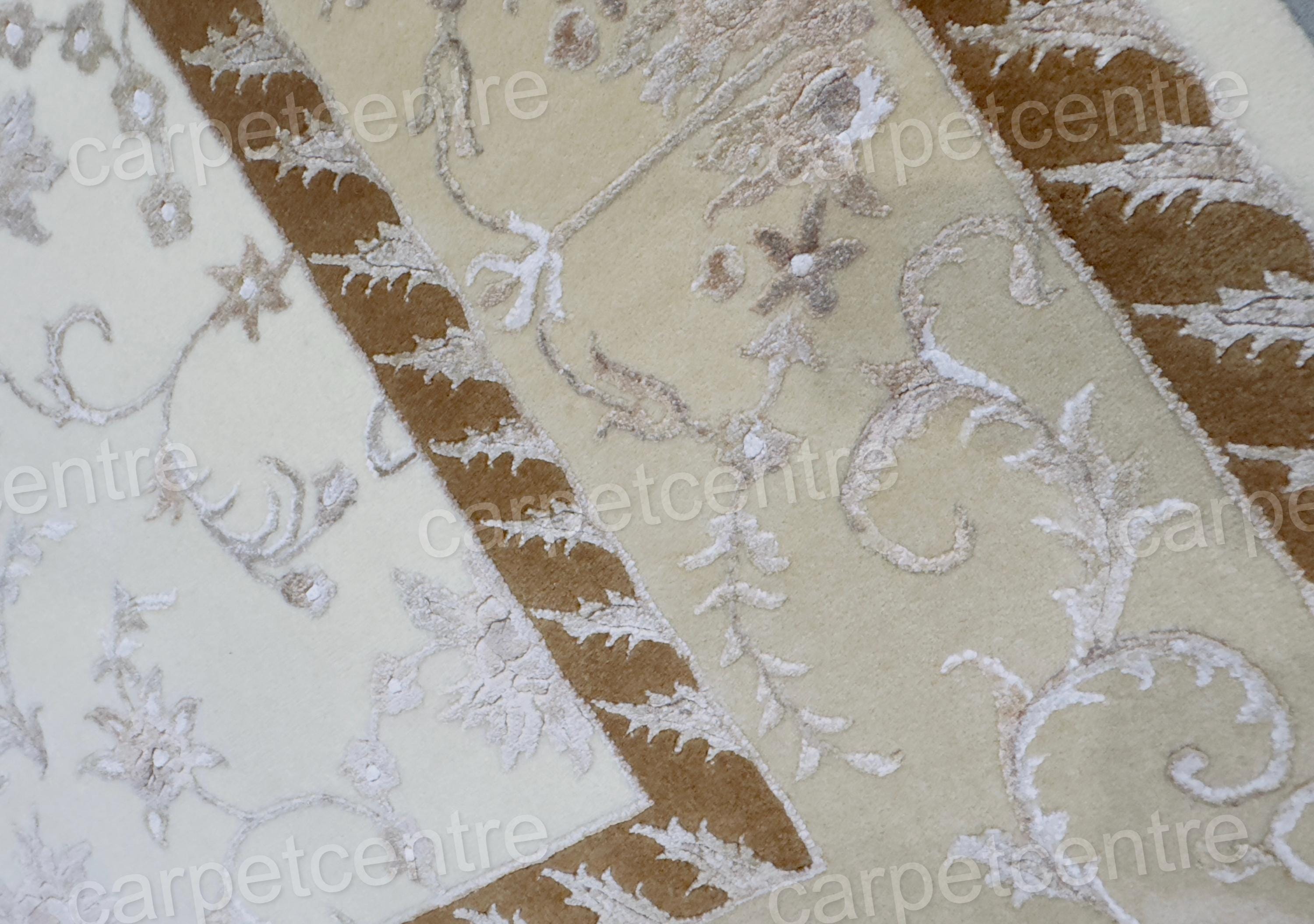 Vintage Beige Floral Wool Rug: Handwoven Indian Art Silk Carpet