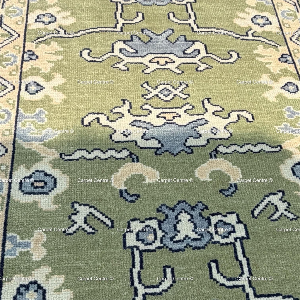 Olive Green Hand Knotted Oushak Wool Runner Rug Turkish Vintage Hallway Entryway Rug