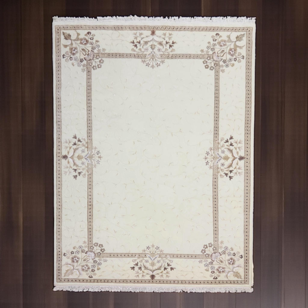 Handwoven Ivory Wool Rug: Vintage Persian Floral Art Silk