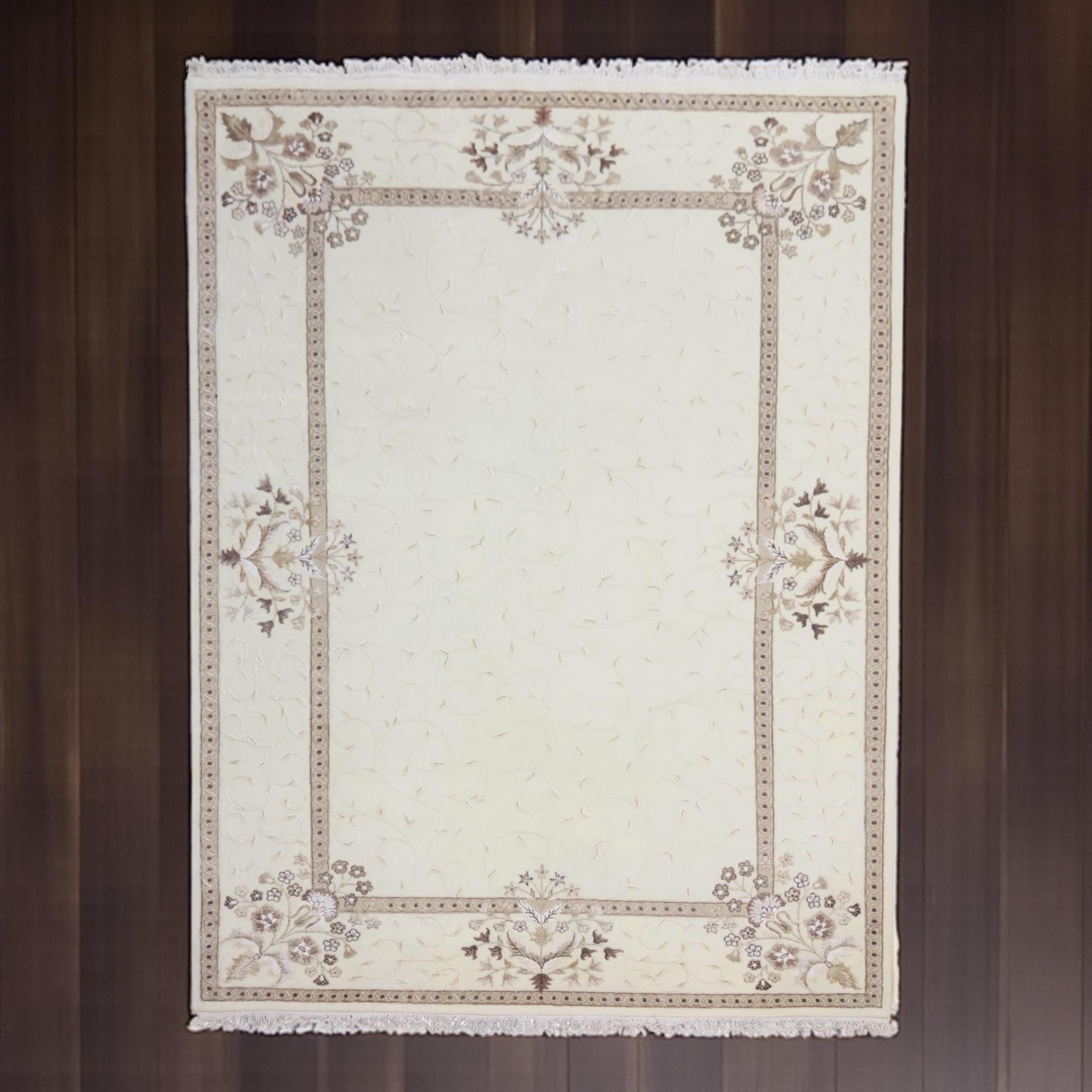 Handwoven Ivory Wool Rug: Vintage Persian Floral Art Silk