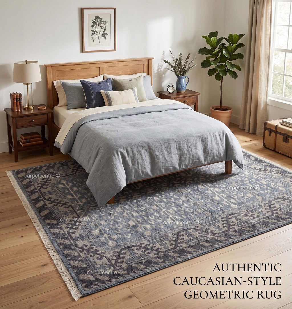 Hand Knotted Oushak Rug: Blue Tribal Wool, Turkish Design, Living Room Area Carpet
