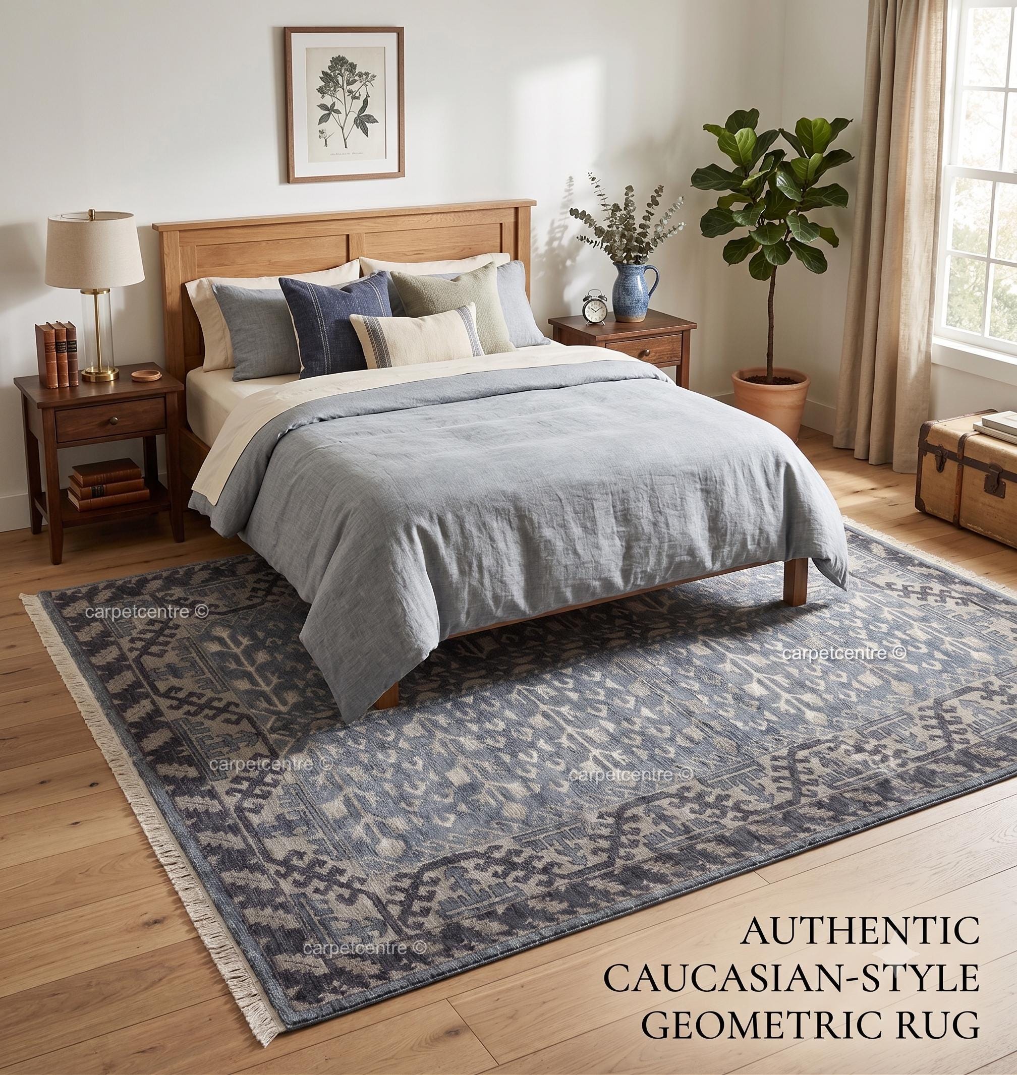 Hand Knotted Oushak Rug: Blue Tribal Wool, Turkish Design, Living Room Area Carpet