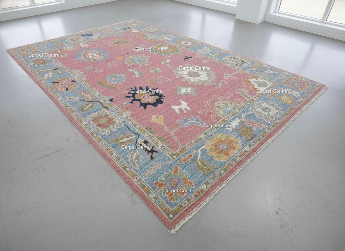 Hand-Knotted Oushak Wool Rug | Dusty Rose Bohemian Floral