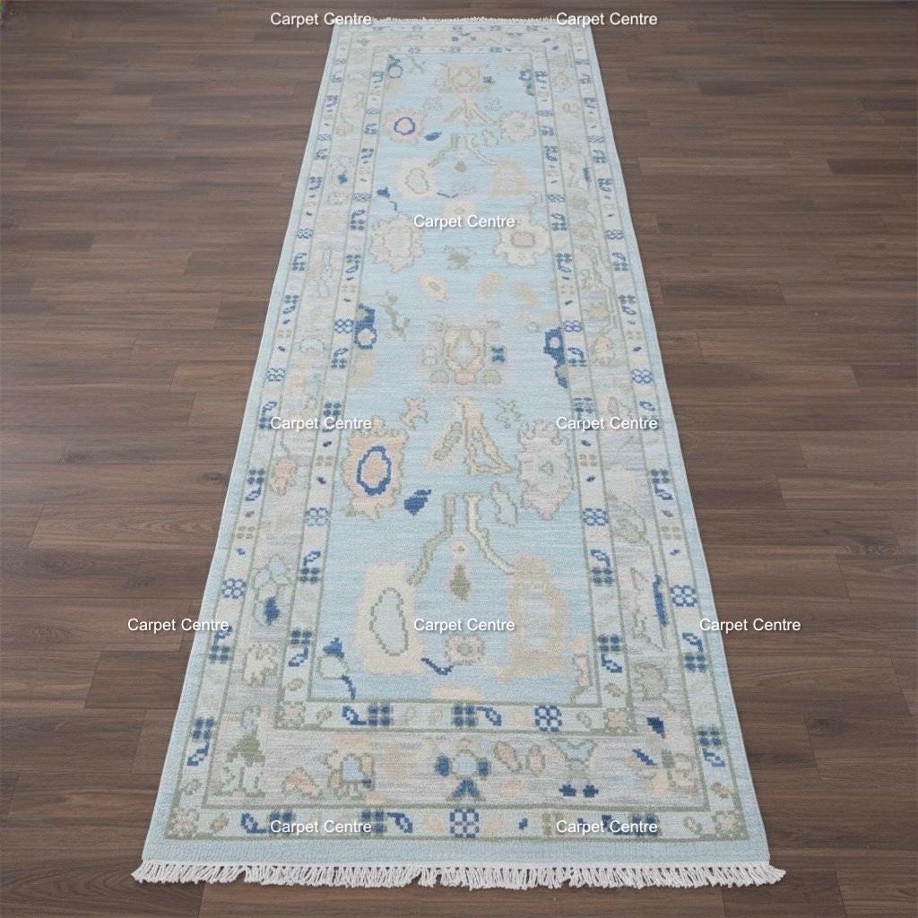 Hand-Knotted Oushak Wool Runner Rug: Pale Blue Floral Medallion