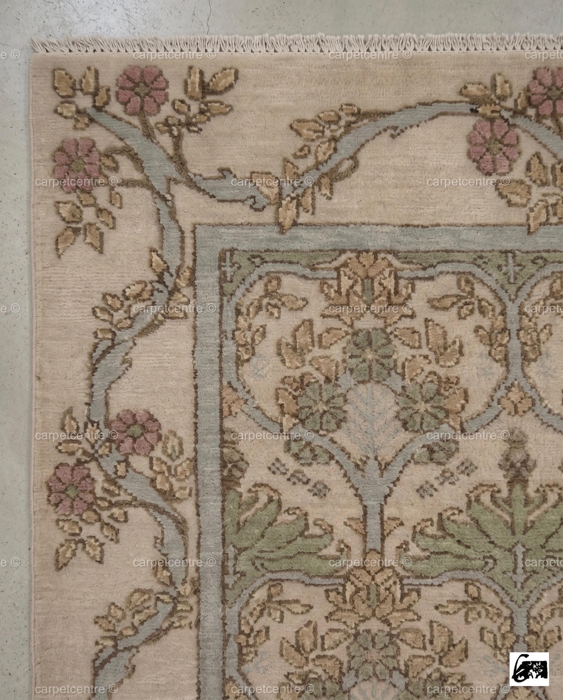 Muted Floral Botanical Oushak Rug | Sage Green Beige Wool Carpet | French Country Cottagecore Home