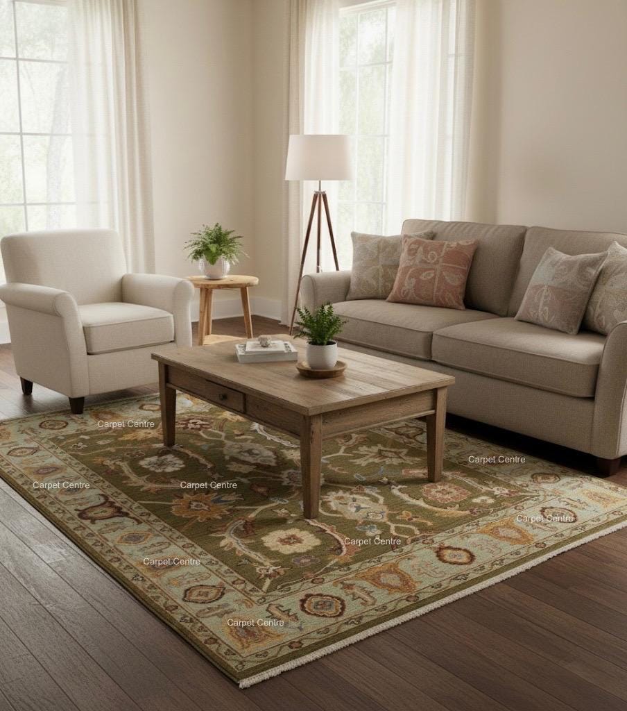 Hand Knotted Wool Rug, Olive Green Floral Carpet, Oriental Area Rug