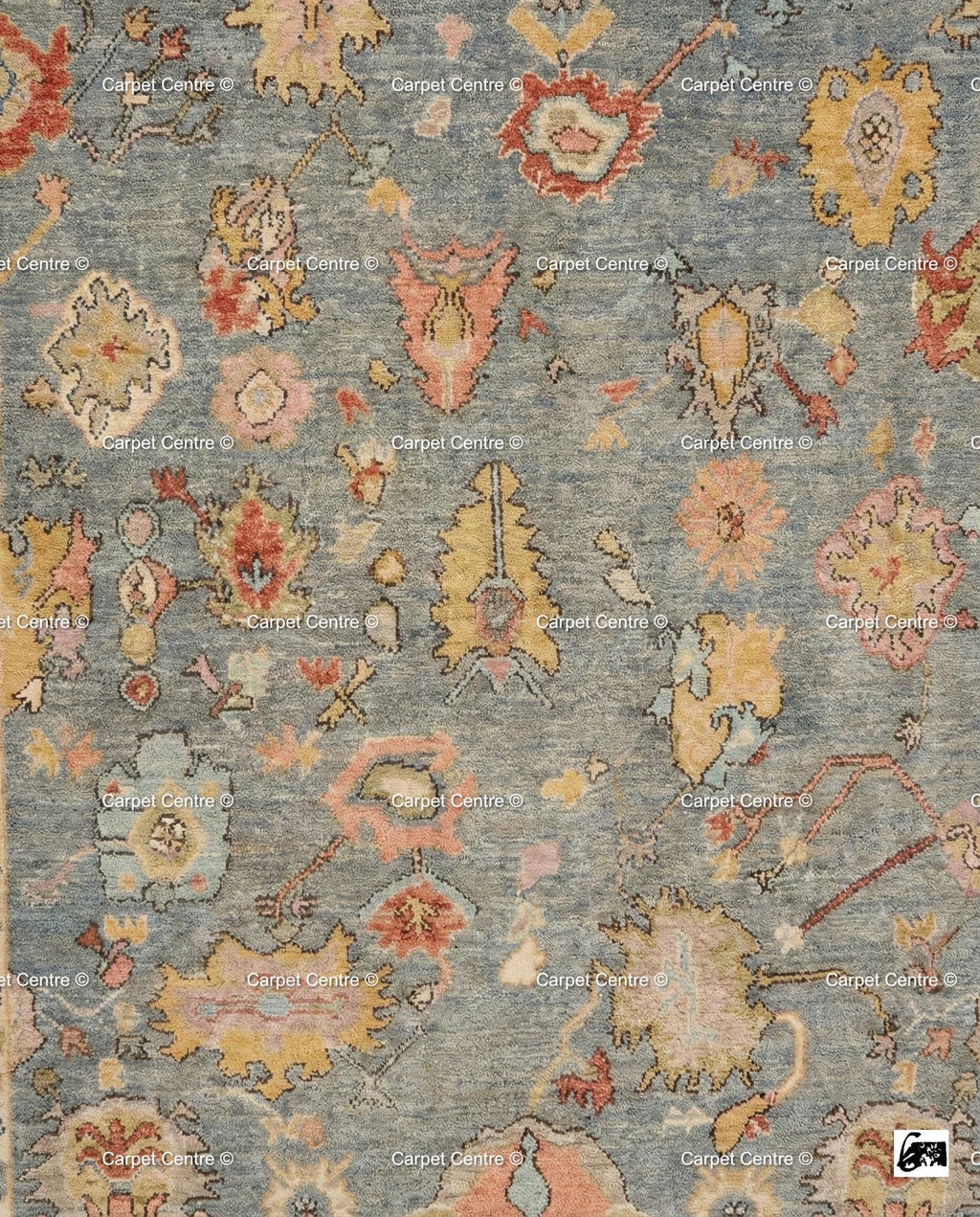Floral Hand Knotted Oushak Wool Rug, Slate Blue & Gold