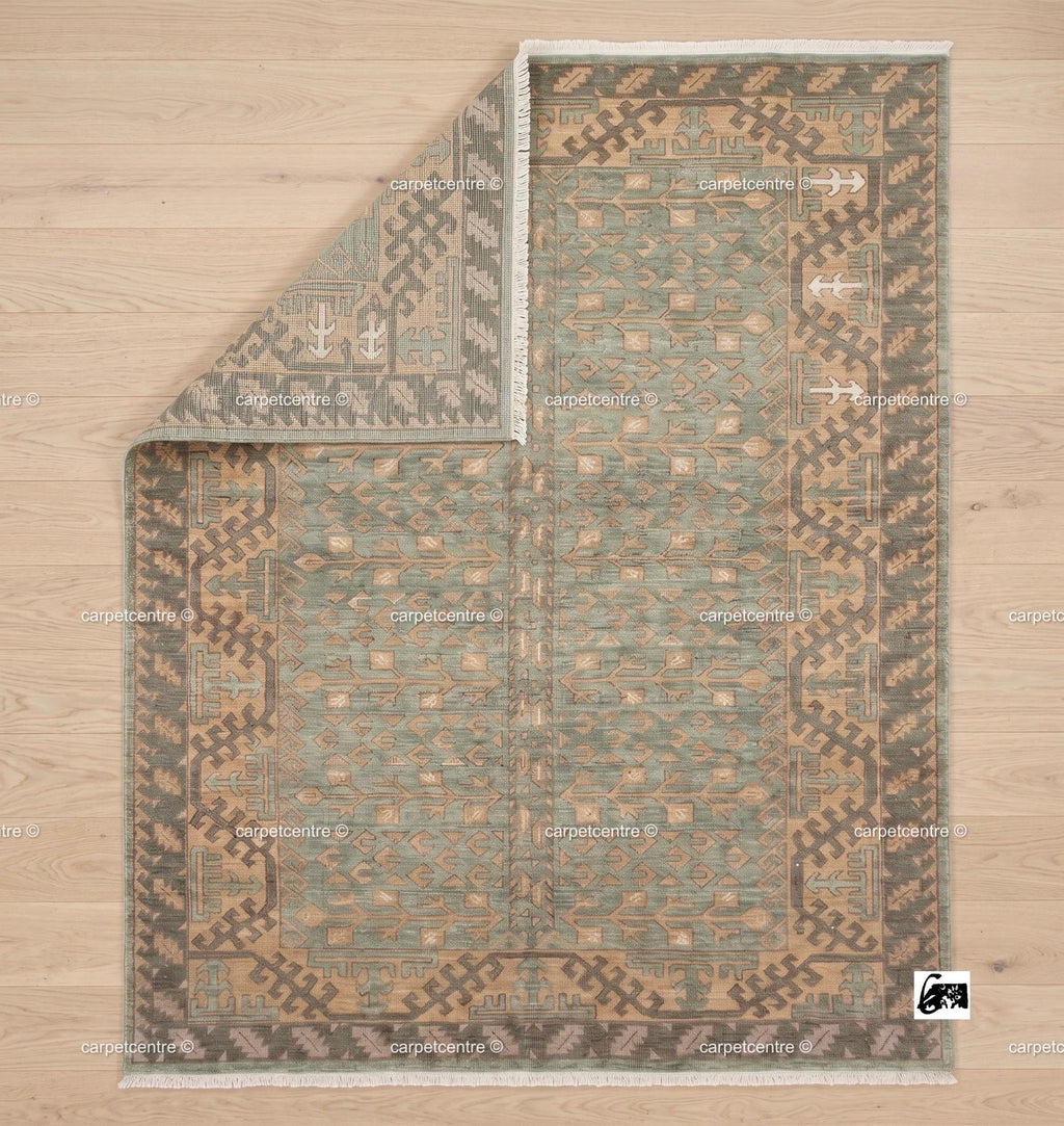 Hand Knotted Oushak Rug: Sage Green Tribal Wool, Turkish Artisan Design