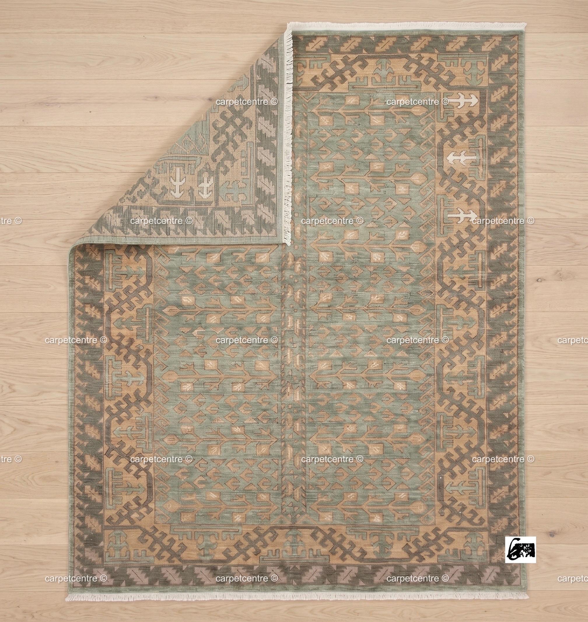 Hand Knotted Oushak Rug: Sage Green Tribal Wool, Turkish Artisan Design