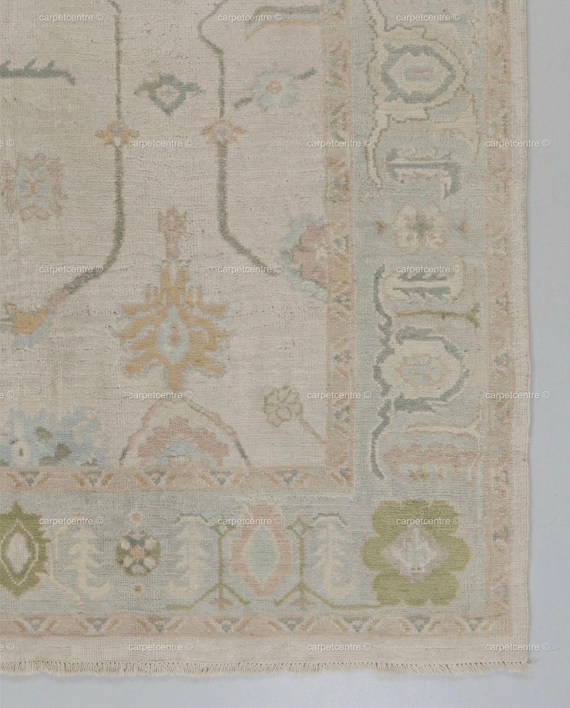 Hand-Knotted Wool Oushak Rug | Muted Sage, Sky Blue, Pastel Tones | 8x10 Area Rug