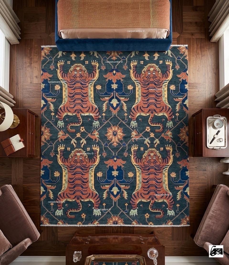 Tibetan Tiger Print Oushak Rug, Hand Knotted Wool 6x8 8x10 9x12 10x14 Area Carpet, Charcoal Rust Maximalist Decor Living Room Bedroom Decor