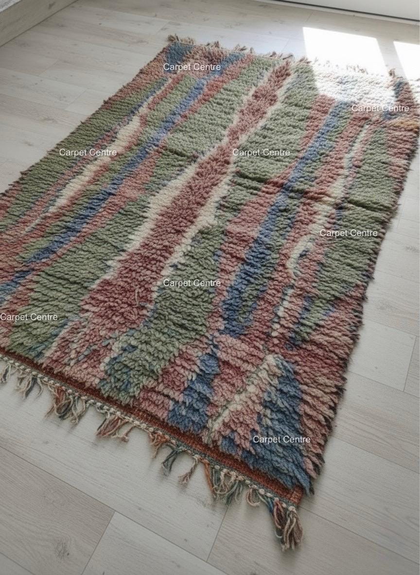 Handmade Moroccan Shag Rug, Dusty Rose, Sage Green, Tulu Style