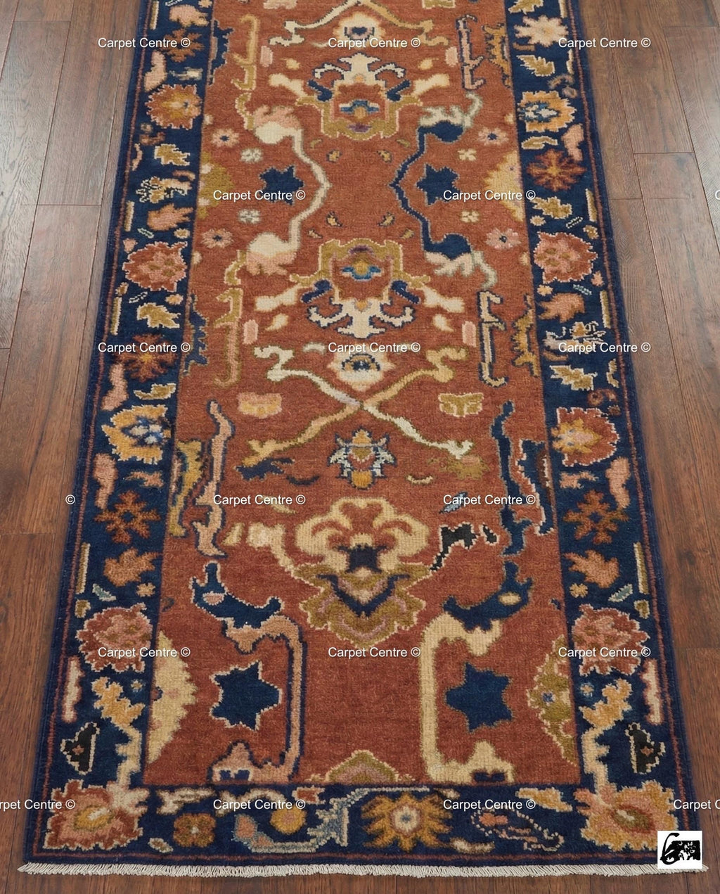 Hand Knotted Wool Runner Rug, Rust Navy Geometric Oushak, Boho Southwestern Decor