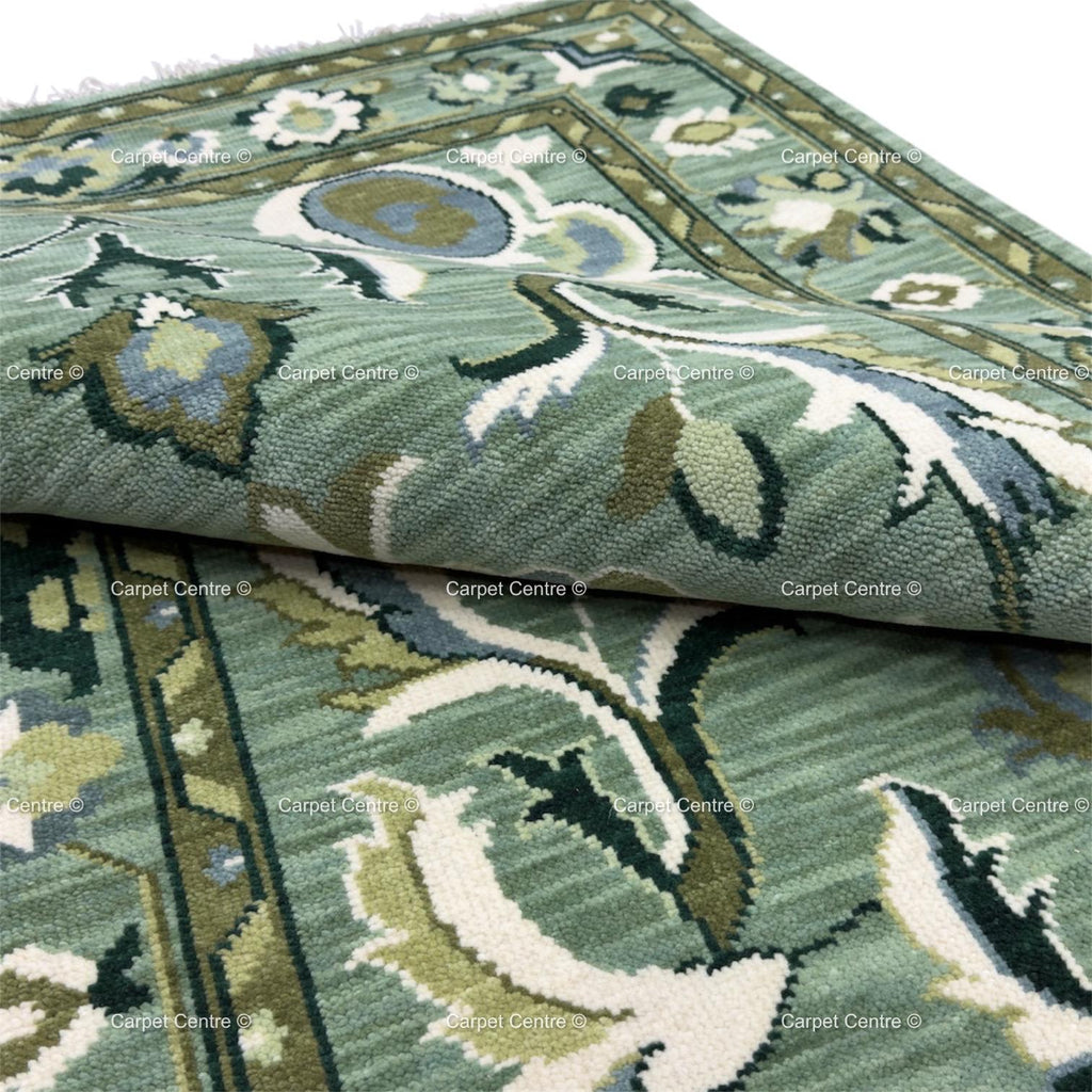 Hand-Knotted Oushak Rug, Emerald Sage Green Floral Medallion, Handspun Wool Area Rug