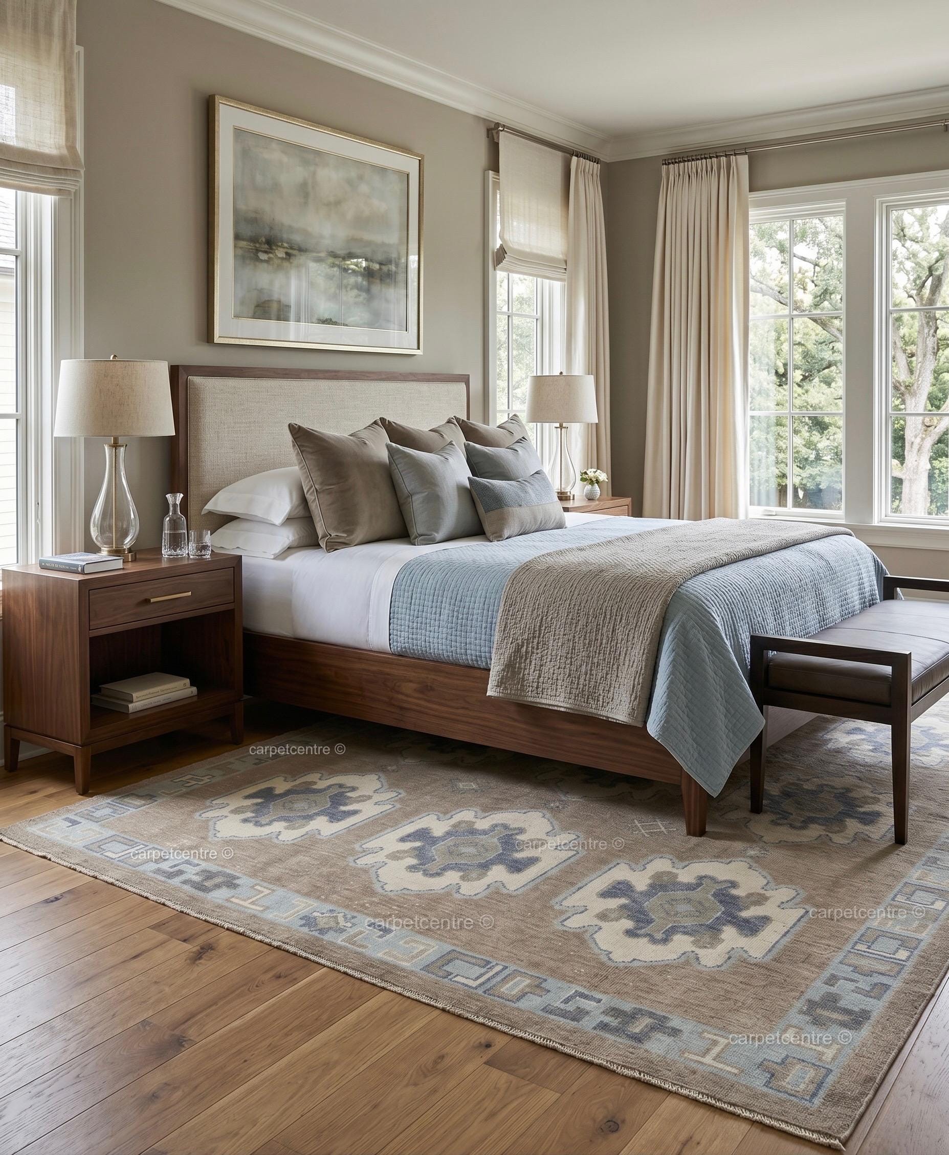 Hand Knotted Wool Oushak Rug | Taupe Blue Tribal Vintage Style Carpet