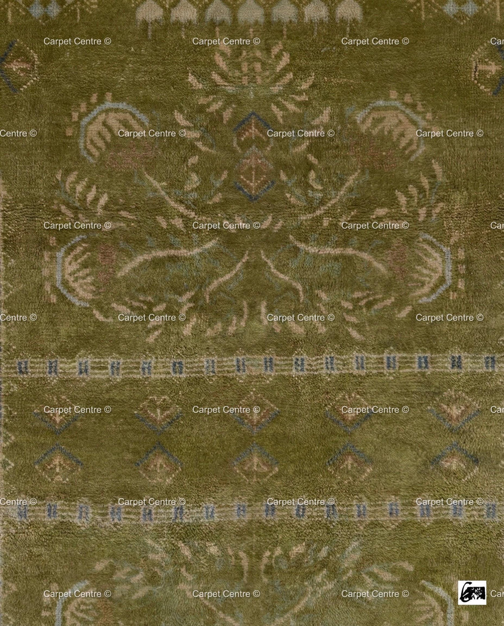 Hand-Knotted Olive Green Wool Oushak Rug 8x10 | Vintage Turkish Low Pile Carpet